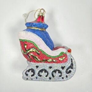 Blown Glass Christmas Ornament Santa's Sleigh Glitter Sparkle Bejeweled Costco‎